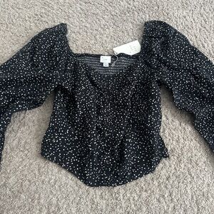 A new day  Black Polka Dot Puff-Sleeve Top